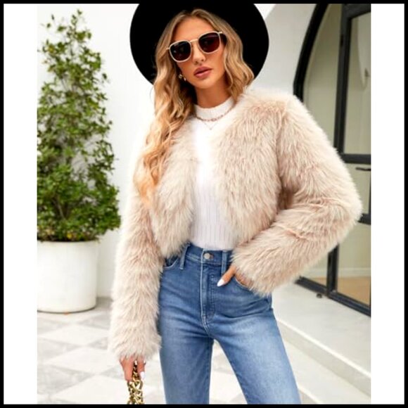 Cropped Faux Fur Jacket Long Sleeve Open Front Chic Winter Coat Y2K - Picture 5 of 7